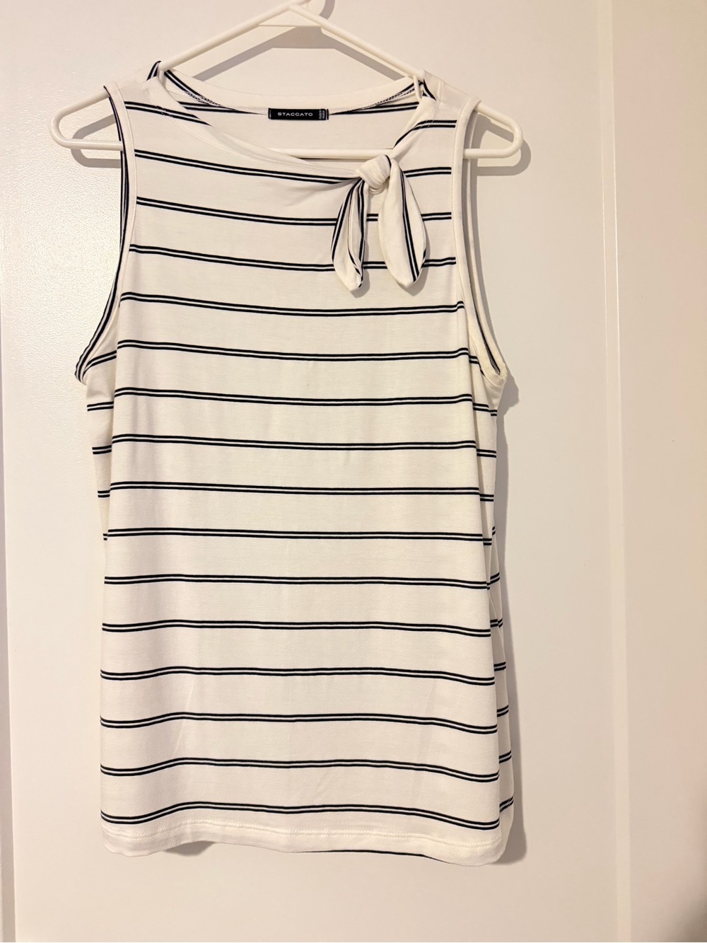 Staccato Cream Sleeveless Mini Dress with Black Stripes and Neck Tie Medium